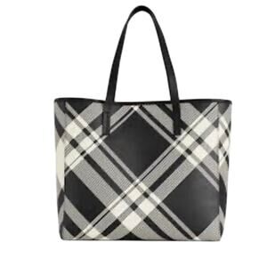 Talbots Oversized Plaid Tote Bag Black White Tartan